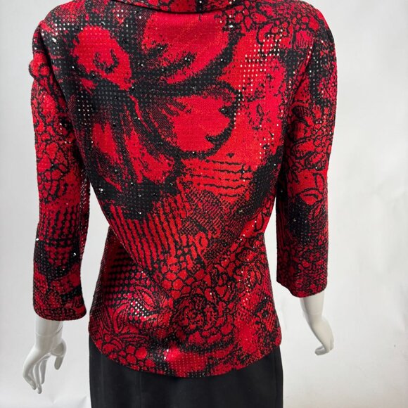 St. John Vintage Evening Red & Black Floral Sequin Knit Top Size Small - Picture 4 of 16